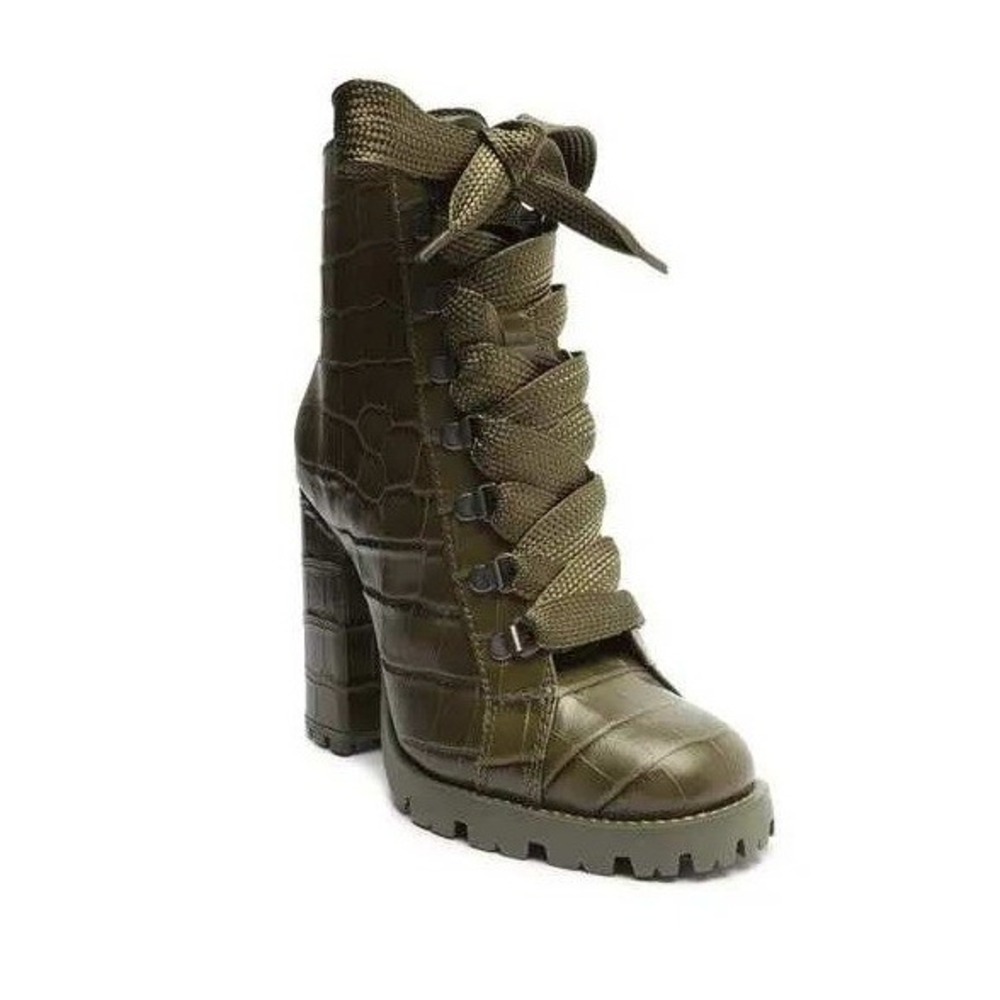 Schutz NEW $158 Zhara Green Croc Embossed Leather Lace Up Chunky Booties Sz‎ 8B
